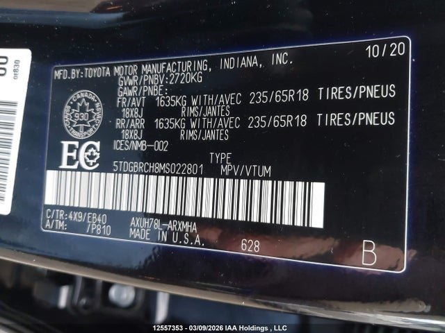 12557353 :رقم المزاد ، 5TDGBRCH8MS022801 vin ، 2021 Toyota Highlander Hybrid Xle مزاد بيع