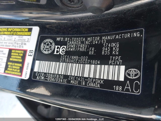 12557363 :رقم المزاد ، 2T1BU4EE2DC071804 vin ، 2013 Toyota Corolla مزاد بيع