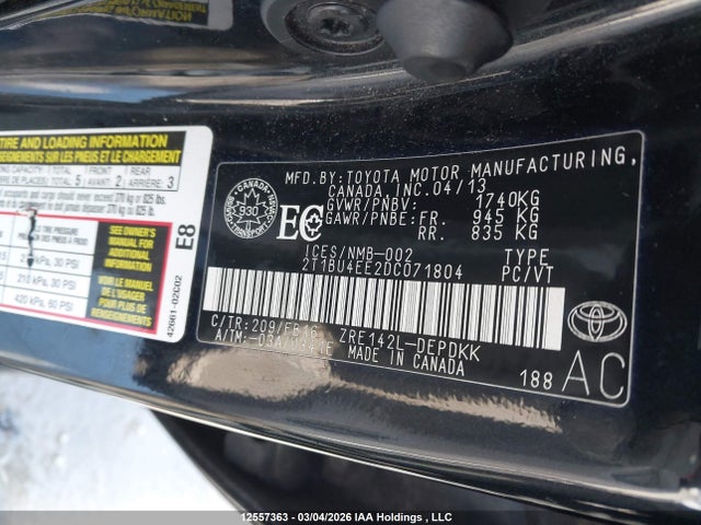 12557363 :رقم المزاد ، 2T1BU4EE2DC071804 vin ، 2013 Toyota Corolla مزاد بيع