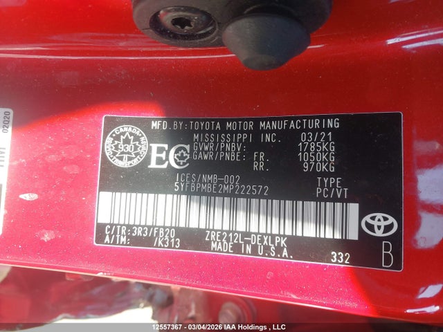 Aukcja sprzedaży 2021 Toyota Corolla Le, vin: 5YFBPMBE2MP222572, numer aukcji: 12557367