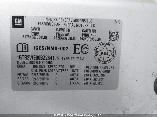 12557371 :رقم المزاد ، 1GTR2WE00BZ234103 vin ، 2011 Gmc Sierra 1500 مزاد بيع