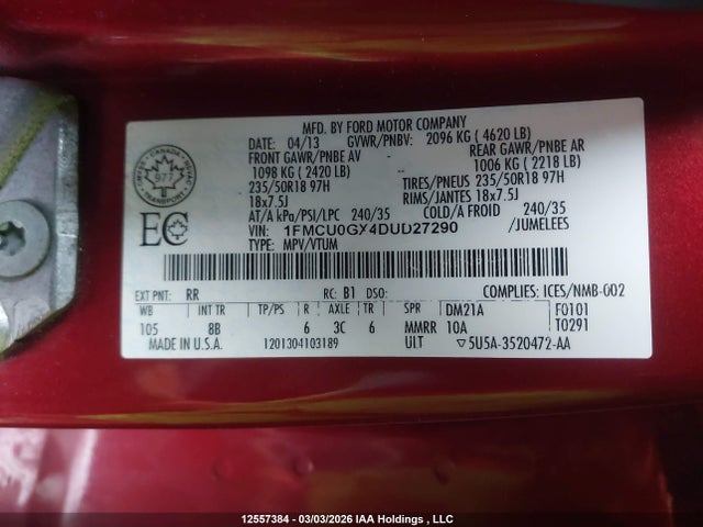 12557384 :رقم المزاد ، 1FMCU0GX4DUD27290 vin ، 2013 Ford Escape Se مزاد بيع