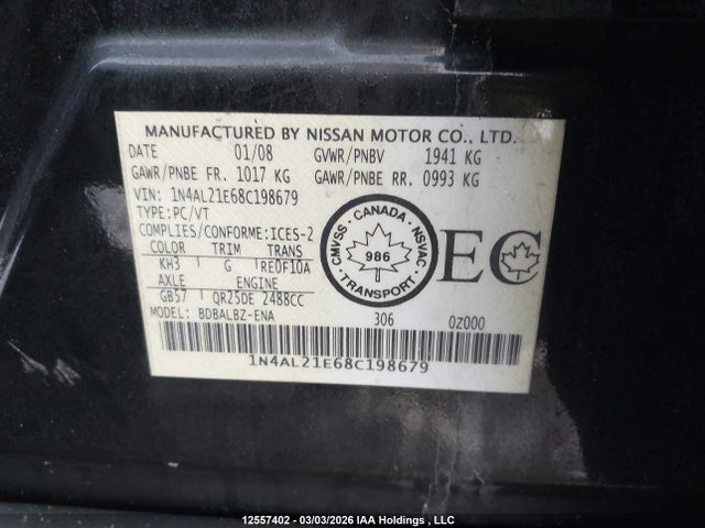 Auction sale of the 2008 Nissan Altima 2.5 S, vin: 1N4AL21E68C198679, lot number: 12557402