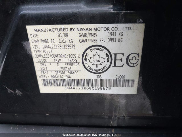 Auction sale of the 2008 Nissan Altima 2.5 S, vin: 1N4AL21E68C198679, lot number: 12557402
