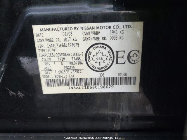 Auction sale of the 2008 Nissan Altima 2.5 S, vin: 1N4AL21E68C198679, lot number: 12557402