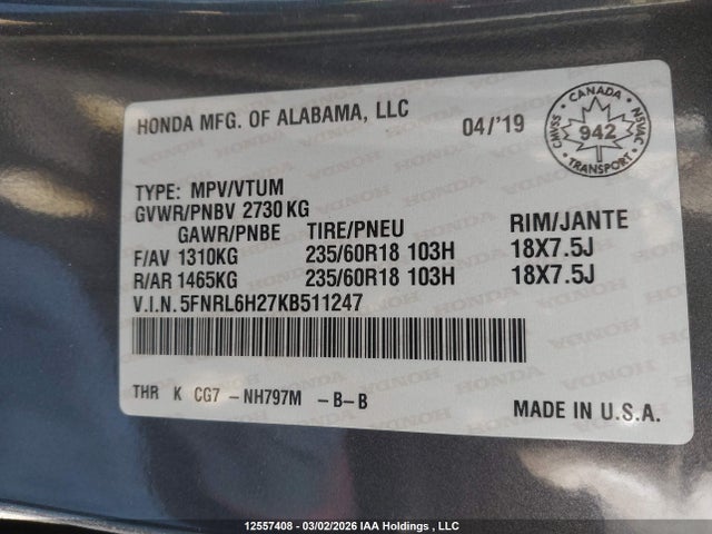 5FNRL6H27KB511247 Honda ODYSSEY LX