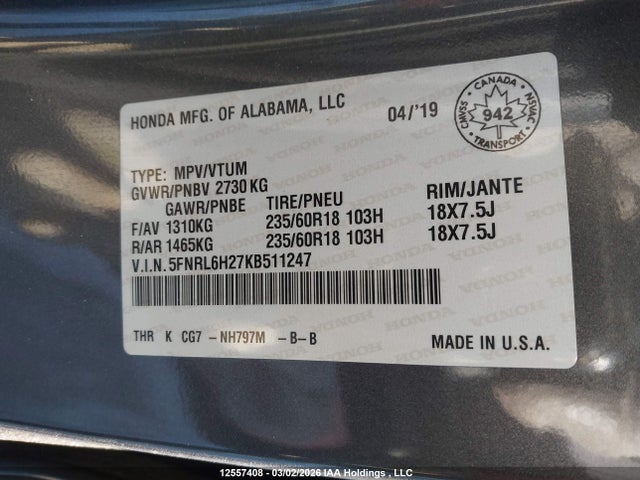 5FNRL6H27KB511247 Honda ODYSSEY LX
