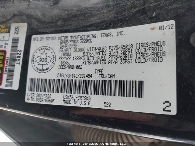 Aukcja sprzedaży 2012 Toyota Tundra Sr5 5.7l V8, vin: 5TFUY5F14CX231454, numer aukcji: 12557413