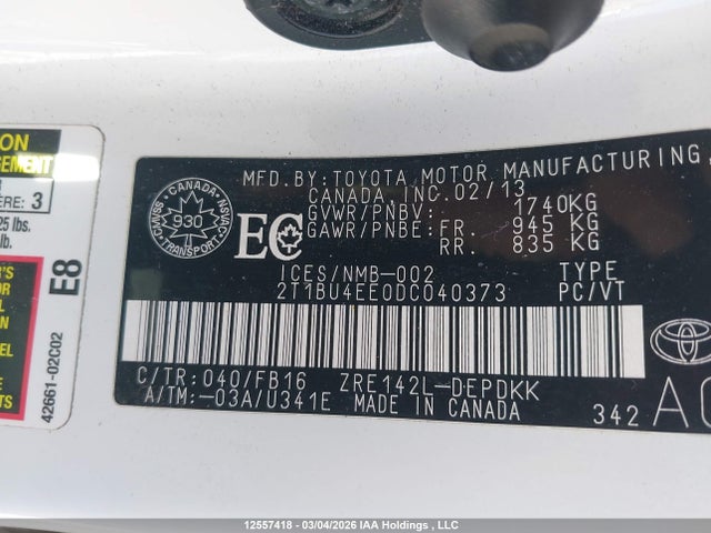 Aukcja sprzedaży 2013 Toyota Corolla S/le, vin: 2T1BU4EE0DC040373, numer aukcji: 12557418
