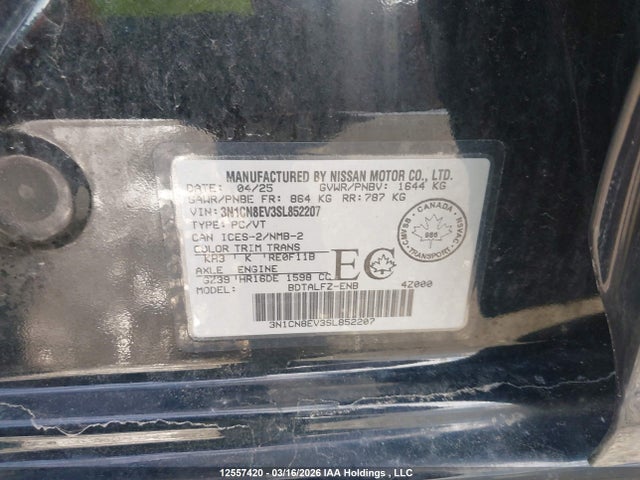 Aukcja sprzedaży 2025 Nissan Versa Sv, vin: 3N1CN8EV3SL852207, numer aukcji: 12557420