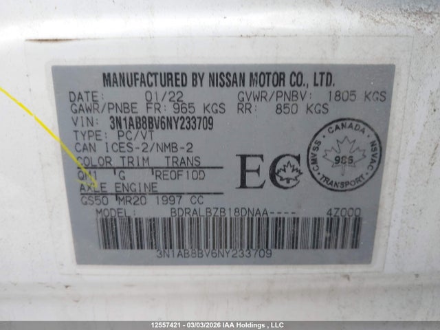 3N1AB8BV6NY233709 Nissan SENTRA S