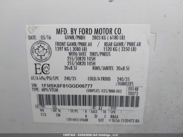 1FM5K8F81GGD06777 Ford Explorer Limited