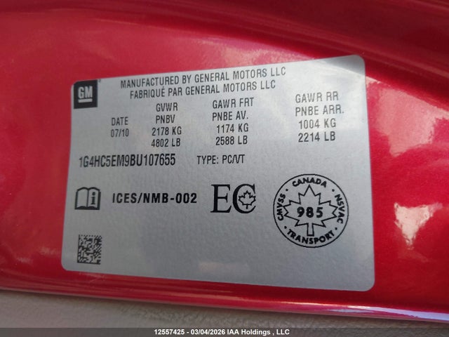 Продаж на аукціоні авто 2011 Buick Lucerne Cxl, vin: 1G4HC5EM9BU107655, номер лоту: 12557425