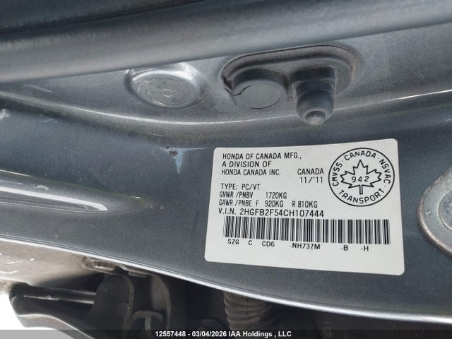 Aukcja sprzedaży 2012 Honda Civic Ex 4dr, vin: 2HGFB2F54CH107444, numer aukcji: 12557448