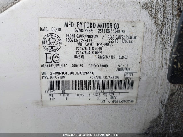 2018 Ford Edge Sel მანქანა იყიდება აუქციონზე, vin: 2FMPK4J98JBC21418, აუქციონის ნომერი: 12557455