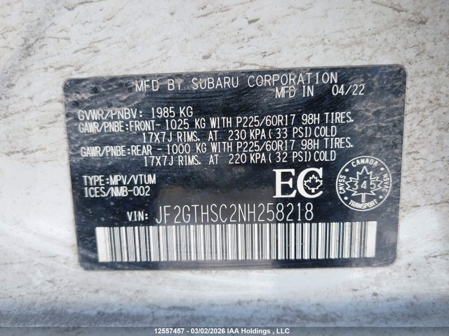 Продаж на аукціоні авто 2022 Subaru Crosstrek Convenience/outdoor, vin: JF2GTHSC2NH258218, номер лоту: 12557457