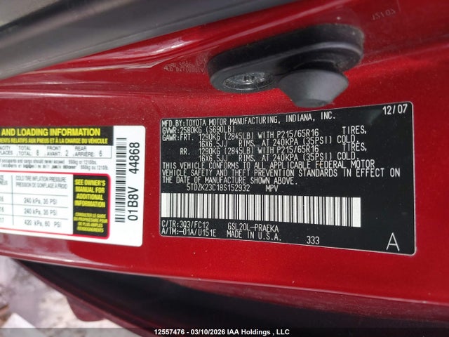 Aukcja sprzedaży 2008 Toyota Sienna, vin: 5TDZK23C18S152932, numer aukcji: 12557476