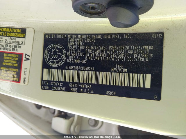12557477 :رقم المزاد ، 4T3BK3BB7CU069254 vin ، 2012 Toyota Venza Base V6 مزاد بيع