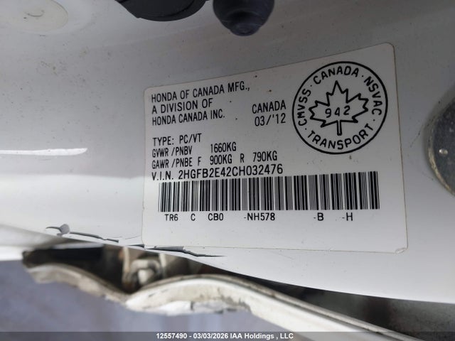 12557490 :رقم المزاد ، 2HGFB2E42CH032476 vin ، 2012 Honda Civic Lx مزاد بيع