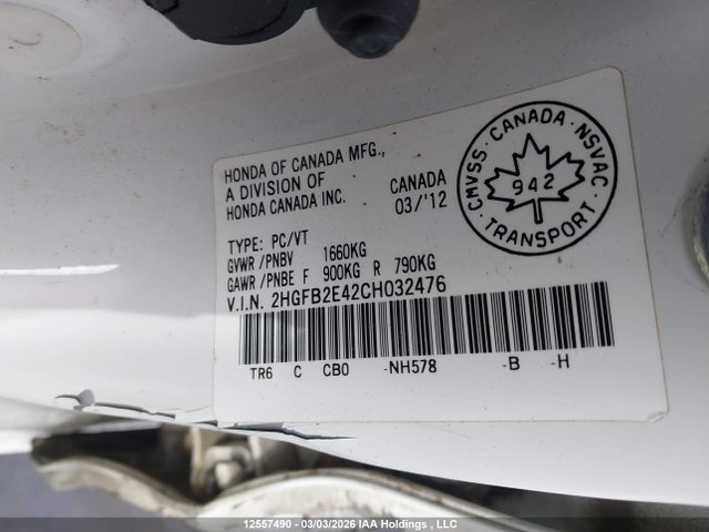 12557490 :رقم المزاد ، 2HGFB2E42CH032476 vin ، 2012 Honda Civic Lx مزاد بيع