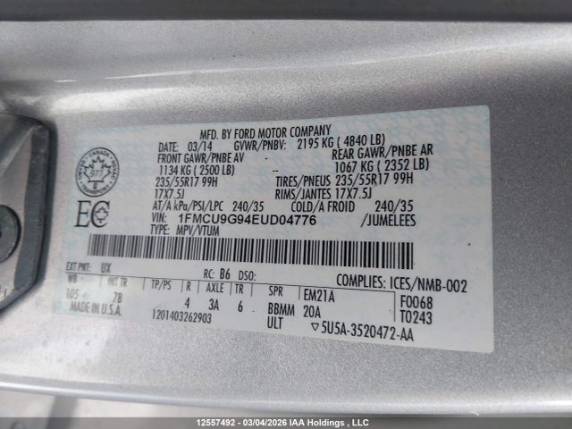 2014 Ford Escape Se მანქანა იყიდება აუქციონზე, vin: 1FMCU9G94EUD04776, აუქციონის ნომერი: 12557492