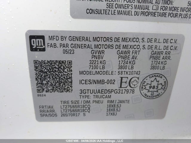 12557495 :رقم المزاد ، 3GTUUAED5PG317978 vin ، 2023 Gmc Sierra K1500 مزاد بيع