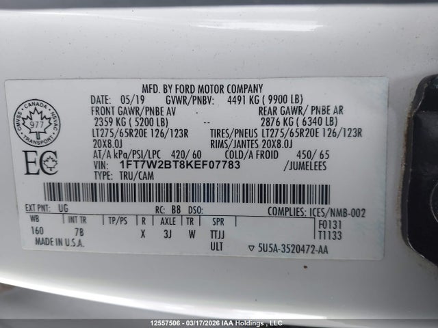 1FT7W2BT8KEF07783 Ford F-250 Platinum