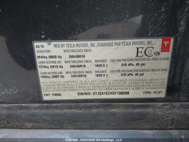 Tesla Model S 60d/70d/75d/85d/90d 2016 5YJSA1E24GF136598 Image 9