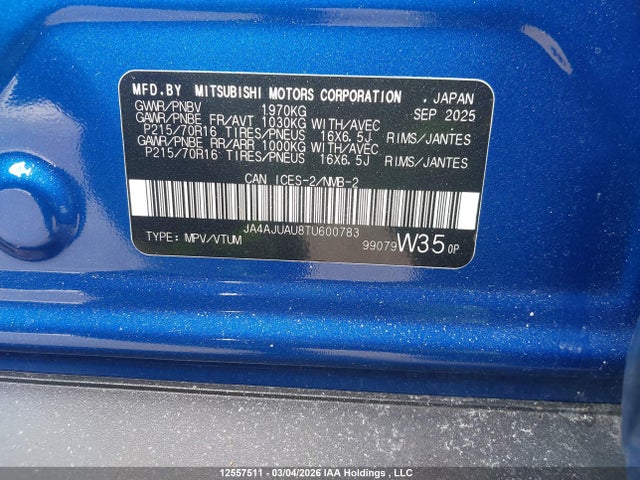 2026 Mitsubishi Rvr Es Awc მანქანა იყიდება აუქციონზე, vin: JA4AJUAU8TU600783, აუქციონის ნომერი: 12557511