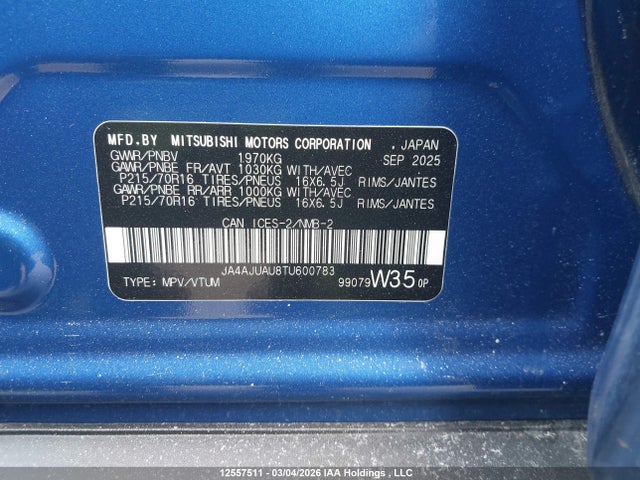 2026 Mitsubishi Rvr Es Awc მანქანა იყიდება აუქციონზე, vin: JA4AJUAU8TU600783, აუქციონის ნომერი: 12557511