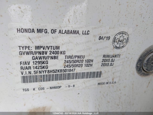 5FNYF8H52KB501847 Honda Passport Ex-l