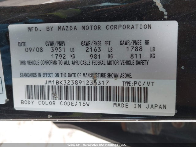 Aukcja sprzedaży 2009 Mazda Mazda3 Gt, vin: JM1BK323891236317, numer aukcji: 12557521