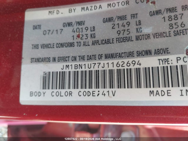 12557522 :رقم المزاد ، JM1BN1U77J1162694 vin ، 2018 Mazda 3 Sport مزاد بيع