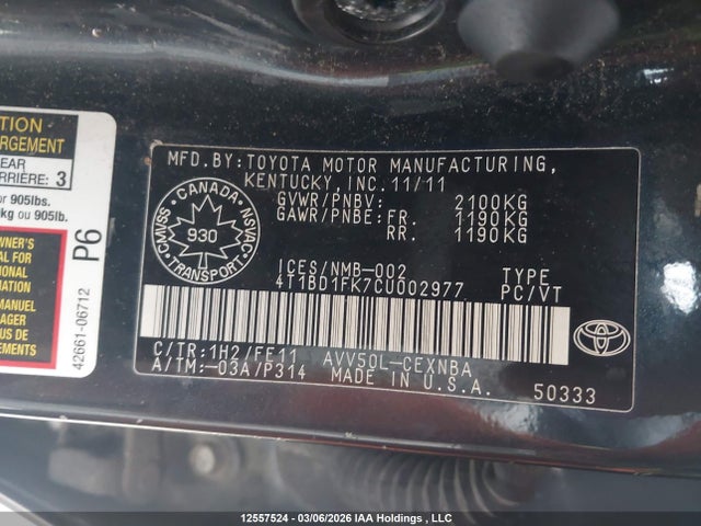 2012 Toyota Camry Hybrid/le/xle მანქანა იყიდება აუქციონზე, vin: 4T1BD1FK7CU002977, აუქციონის ნომერი: 12557524