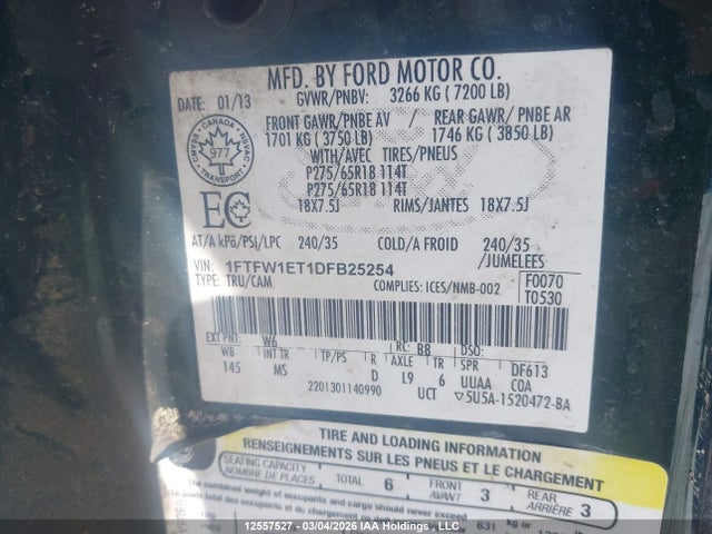 12557527 :رقم المزاد ، 1FTFW1ET1DFB25254 vin ، 2013 Ford F-150 Xlt مزاد بيع
