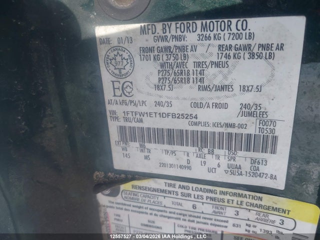 12557527 :رقم المزاد ، 1FTFW1ET1DFB25254 vin ، 2013 Ford F-150 Xlt مزاد بيع