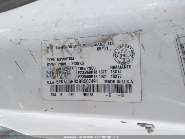 Aukcja sprzedaży 2011 Honda Odyssey Touring, vin: 5FNRL5H9XBB507491, numer aukcji: 12557529