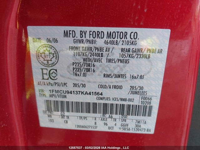 Продаж на аукціоні авто 2007 Ford Escape Limited, vin: 1FMCU94137KA41564, номер лоту: 12557537