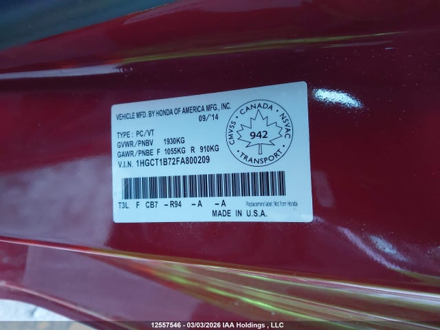 Honda ACCORD EX 2015 1HGCT1B72FA800209 Image 9