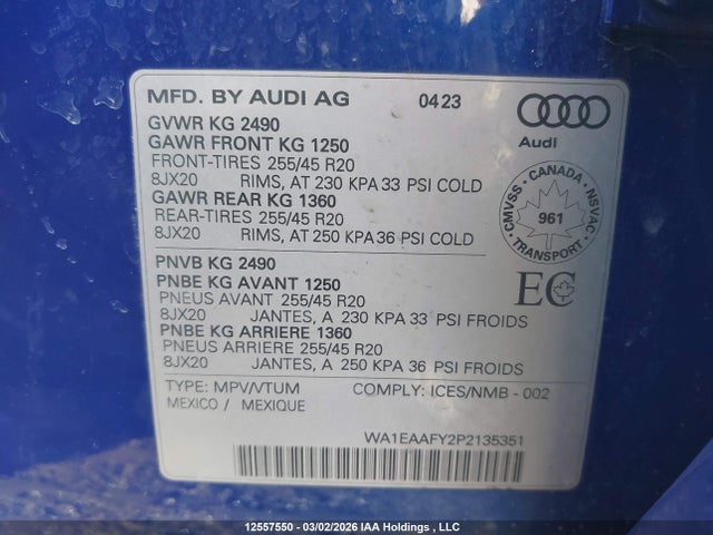 12557550 :رقم المزاد ، WA1EAAFY2P2135351 vin ، 2023 Audi Q5 45 Progressiv مزاد بيع