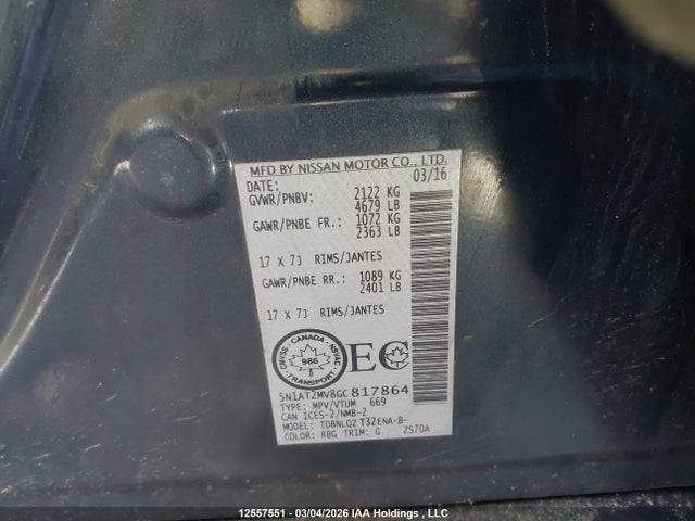 5N1AT2MV8GC817864 Nissan Rogue S/sl/sv