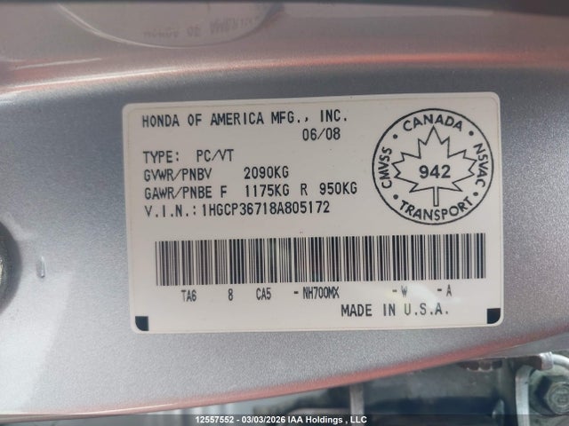 Продаж на аукціоні авто 2008 Honda Accord Sdn, vin: 1HGCP36718A805172, номер лоту: 12557552