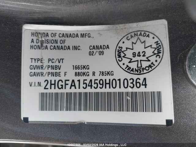 12557555 :رقم المزاد ، 2HGFA15459H010364 vin ، 2009 Honda Civic Dx-g مزاد بيع