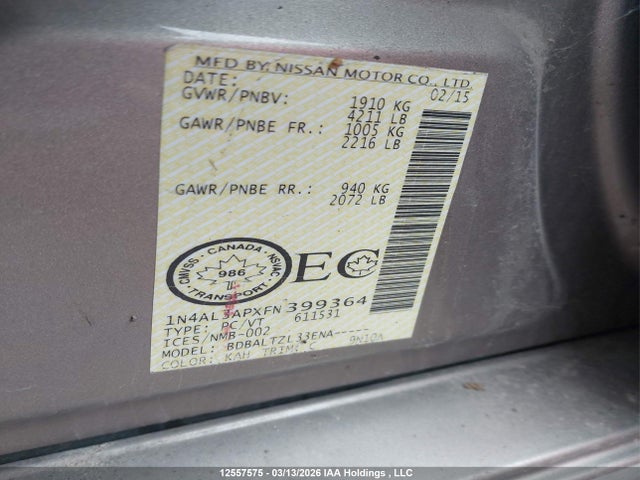 1N4AL3APXFN399364 Nissan Altima 2.5/s/sv/sl