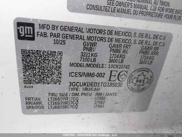 Продажа на аукционе авто 2026 Chevrolet Silverado K1500 Lt, vin: 3GCUKDED1TG185030, номер лота: 12557583