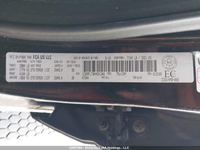 Aukcja sprzedaży 2019 Ram 1500 Laramie, vin: 1C6SRFJT9KN501346, numer aukcji: 12557584