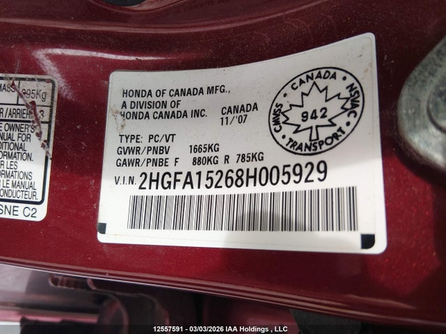 Продаж на аукціоні авто 2008 Honda Civic Dx/dx-a, vin: 2HGFA15268H005929, номер лоту: 12557591