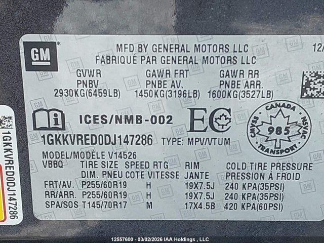 Aukcja sprzedaży 2013 Gmc Acadia Slt-1, vin: 1GKKVRED0DJ147286, numer aukcji: 12557600