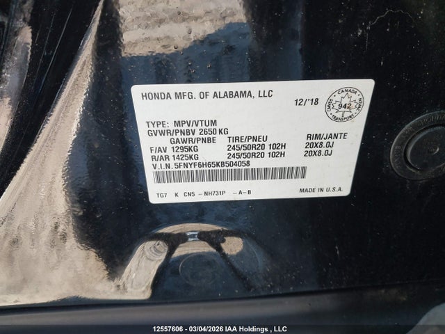 5FNYF6H65KB504058 Honda Pilot Touring