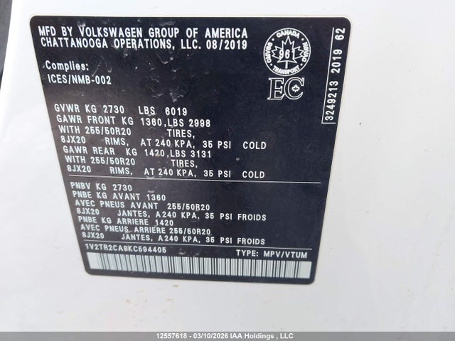 12557618 :رقم المزاد ، 1V2TR2CA8KC594405 vin ، 2019 Volkswagen Atlas مزاد بيع